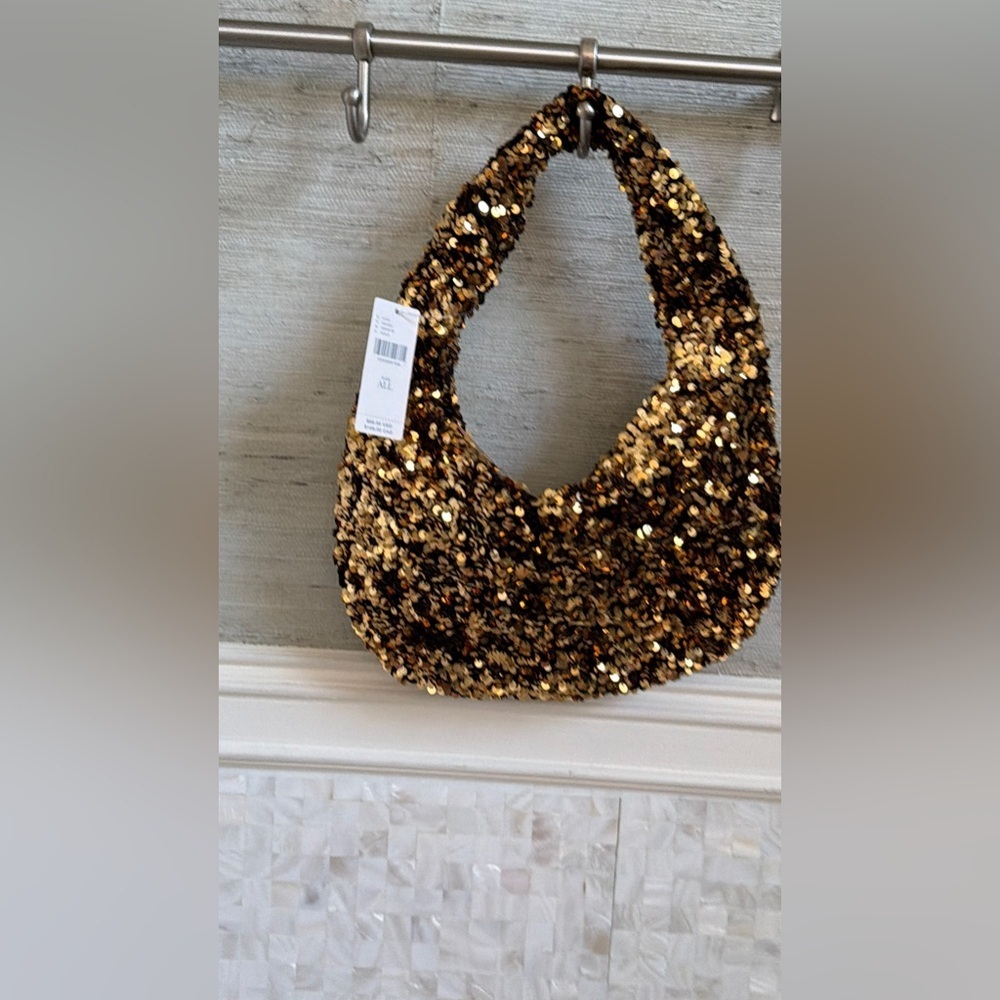 NWT new Anthropologie paillette sequin crescent bag gold purse - Picture 13 of 15